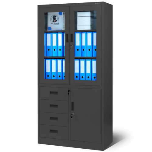 WIOLA | 1001 fém iratszekrény vitrinnel és fiókokkal / FEKETE színben