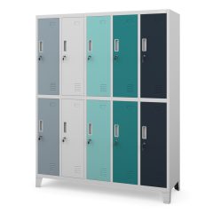   BARTEK 10 rekeszes fém öltözőszekrény – szürke test, színes ajtók – lapraszerelt