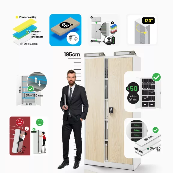 Eco - 1335 Design fém iratszekrény - fehér-sonoma tölgy színben Eco - 1335 Design fém iratszekrény - fehér-sonoma tölgy színben