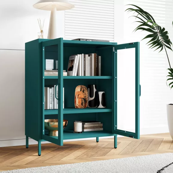 1587 - GINA modern alacsony fém-üveg vitrin 800 × 1015 × 400 mm, zöld