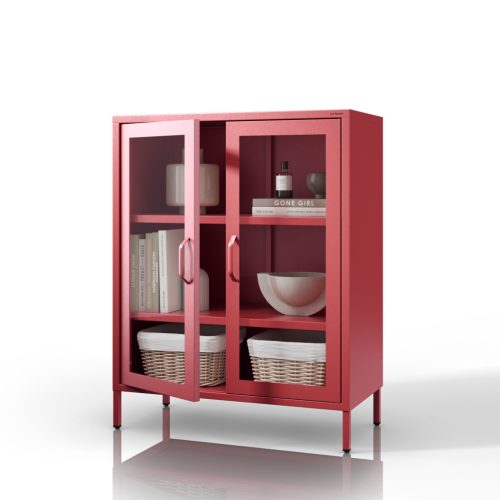 1595 | GINA modern alacsony fém–üveg vitrin 800 × 1015 × 400 mm, piros