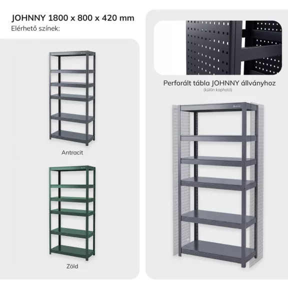 Jan Nowak® JOHNNY széles fém műhelypolc, Antracit, 1800 × 800 × 420 mm