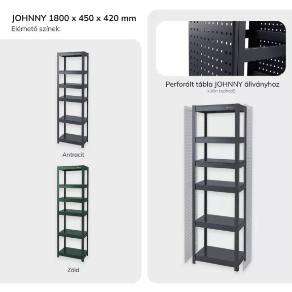 Jan Nowak® JOHNNY keskeny fém műhelypolc, Antracit, 1800 × 450 × 420 mm