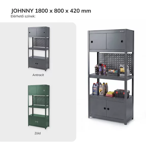 Jan Nowak® JOHNNY fém műhelypolc 2 szekrénnyel, Antracit, 1800 × 800 × 420 mm