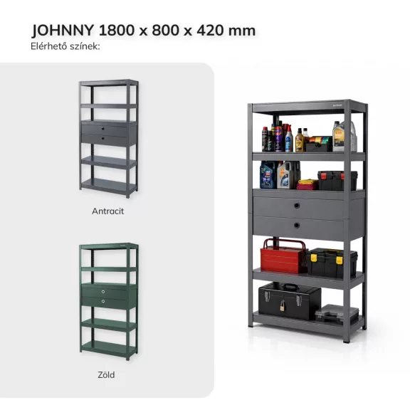 Jan Nowak® JOHNNY fém műhelypolc 2 fiókkal, Antracit, 1800 × 800 × 420 mm