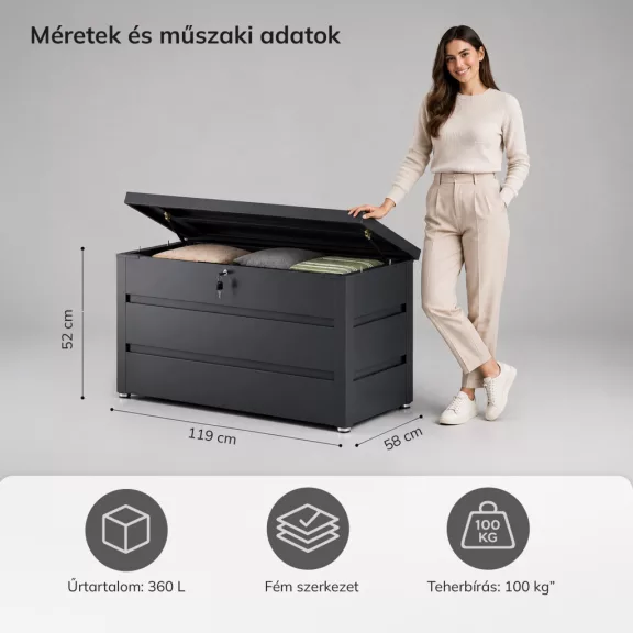 Jan Nowak® CARRIE fém kerti tárolóláda 360 l, Antracit, 1190 × 520 × 587 mm Jan Nowak® CARRIE fém kerti tárolóláda 360 l, Antracit, 1190 × 520 × 587 mm