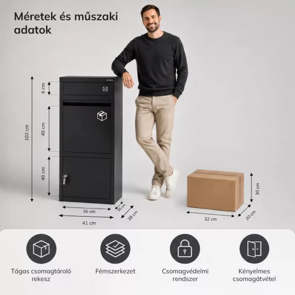 Kültéri csomagláda levélbedobóval - fekete, kulcsos zárral