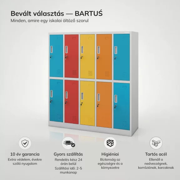 JAN NOWAK BARTUŚ szürke sokszínű 10 rekeszes iskolai szekrény JAN NOWAK BARTUŚ szürke sokszínű 10 rekeszes iskolai szekrény