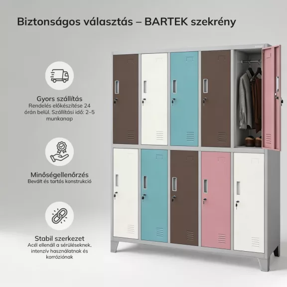 BOZP öltözőszekrény 10 ajtós szürke-pasztell: BARTEK 1360 x 1720 x 450 mm BOZP öltözőszekrény 10 ajtós szürke-pasztell: BARTEK 1360 x 1720 x 450 mm