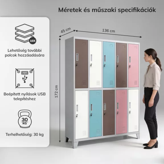 BOZP öltözőszekrény 10 ajtós szürke-pasztell: BARTEK 1360 x 1720 x 450 mm BOZP öltözőszekrény 10 ajtós szürke-pasztell: BARTEK 1360 x 1720 x 450 mm