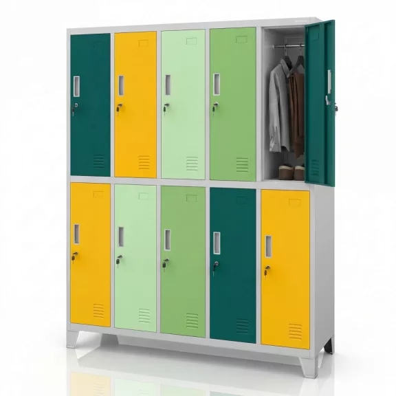 BOZP öltözőszekrény 10 ajtós szürke - zöld - sárga: BARTEK 1360 x 1720 x 450 mm BOZP öltözőszekrény 10 ajtós szürke - zöld - sárga: BARTEK 1360 x 1720 x 450 mm