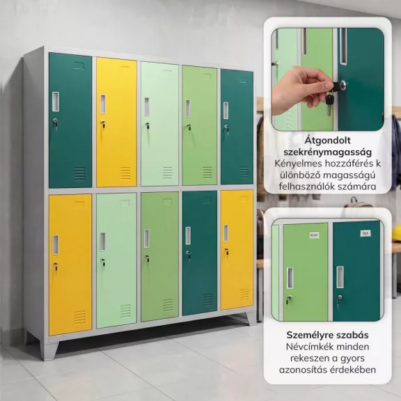 BOZP öltözőszekrény 10 ajtós szürke - zöld - sárga: BARTEK 1360 x 1720 x 450 mm BOZP öltözőszekrény 10 ajtós szürke - zöld - sárga: BARTEK 1360 x 1720 x 450 mm