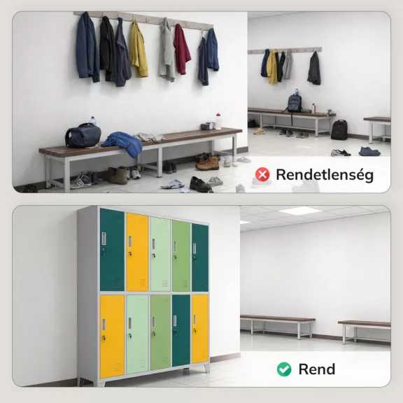 BOZP öltözőszekrény 10 ajtós szürke - zöld - sárga: BARTEK 1360 x 1720 x 450 mm BOZP öltözőszekrény 10 ajtós szürke - zöld - sárga: BARTEK 1360 x 1720 x 450 mm