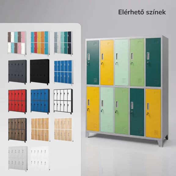 BOZP öltözőszekrény 10 ajtós szürke - zöld - sárga: BARTEK 1360 x 1720 x 450 mm BOZP öltözőszekrény 10 ajtós szürke - zöld - sárga: BARTEK 1360 x 1720 x 450 mm