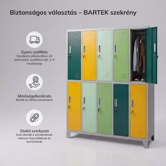BOZP öltözőszekrény 10 ajtós szürke - zöld - sárga: BARTEK 1360 x 1720 x 450 mm BOZP öltözőszekrény 10 ajtós szürke - zöld - sárga: BARTEK 1360 x 1720 x 450 mm