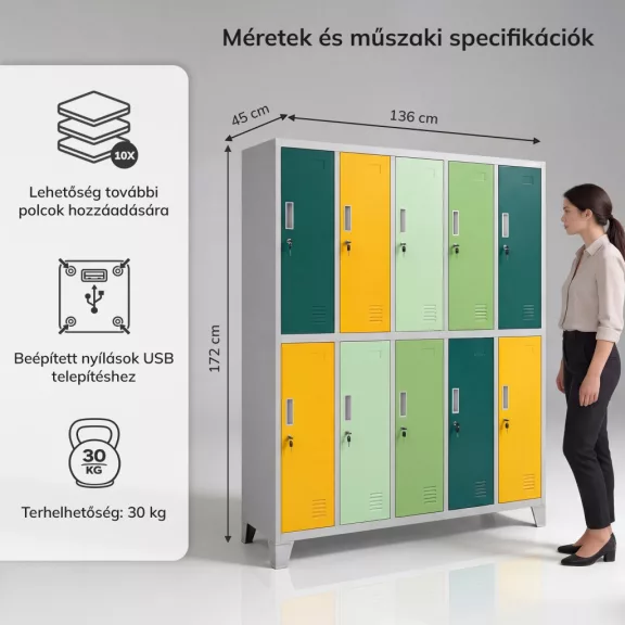 BOZP öltözőszekrény 10 ajtós szürke - zöld - sárga: BARTEK 1360 x 1720 x 450 mm BOZP öltözőszekrény 10 ajtós szürke - zöld - sárga: BARTEK 1360 x 1720 x 450 mm