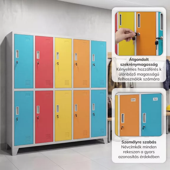BOZP öltözőszekrény 10 ajtós szürke-többszínű: BARTEK 1360 x 1720 x 450 mm BOZP öltözőszekrény 10 ajtós szürke-többszínű: BARTEK 1360 x 1720 x 450 mm