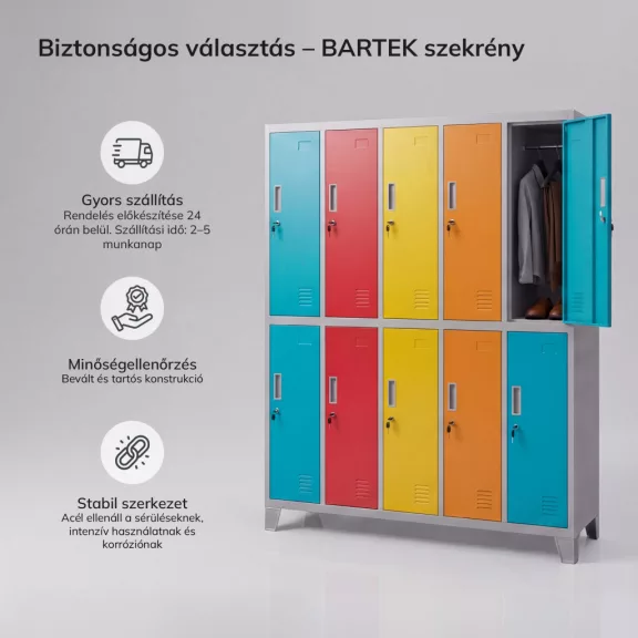 BOZP öltözőszekrény 10 ajtós szürke-többszínű: BARTEK 1360 x 1720 x 450 mm BOZP öltözőszekrény 10 ajtós szürke-többszínű: BARTEK 1360 x 1720 x 450 mm