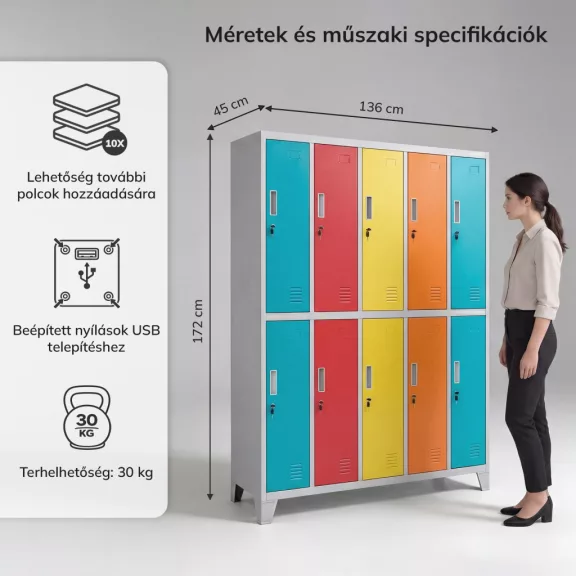 BOZP öltözőszekrény 10 ajtós szürke-többszínű: BARTEK 1360 x 1720 x 450 mm BOZP öltözőszekrény 10 ajtós szürke-többszínű: BARTEK 1360 x 1720 x 450 mm