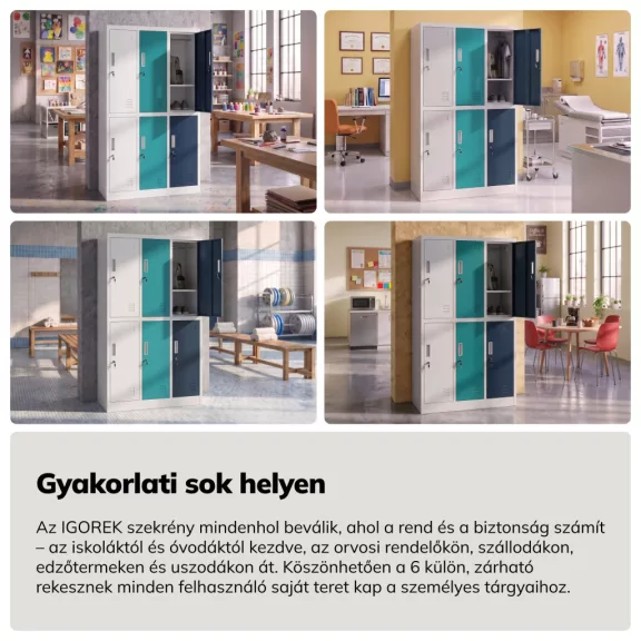 JAN NOWAK IGOREK szürke–kék–sötétkék 6 rekeszes iskolai öltözőszekrény