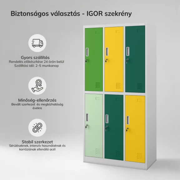 JAN NOWAK IGOR szürke–zöld–sárga 6 ajtós fém öltözőszekrény