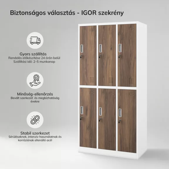 JAN NOWAK IGOR fehér–dió 6 ajtós fém öltözőszekrény