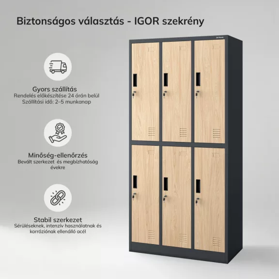 JAN NOWAK IGOR antracit és sonoma tölgy 6 ajtós fém öltözőszekrény