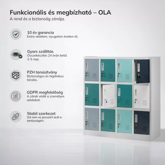 JAN NOWAK OLA szürke–kék–sötétkék 12 rekeszes iskolai és óvodai fém szekrény JAN NOWAK OLA szürke–kék–sötétkék 12 rekeszes iskolai és óvodai fém szekrény