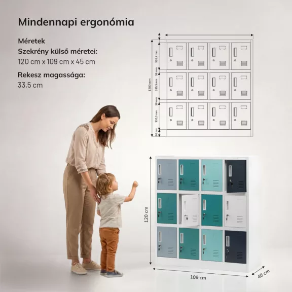 JAN NOWAK OLA szürke–kék–sötétkék 12 rekeszes iskolai és óvodai fém szekrény JAN NOWAK OLA szürke–kék–sötétkék 12 rekeszes iskolai és óvodai fém szekrény