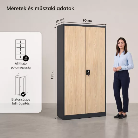 Jan Nowak® | 2232 JAN H Eco Design irodai iratszekrény antracit/sonoma tölgy, 900 × 1950 × 400 mm