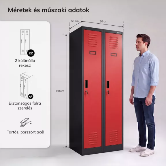 JAN NOWAK KACPER II antracit–piros kétrekeszes dolgozói öltözőszekrény
