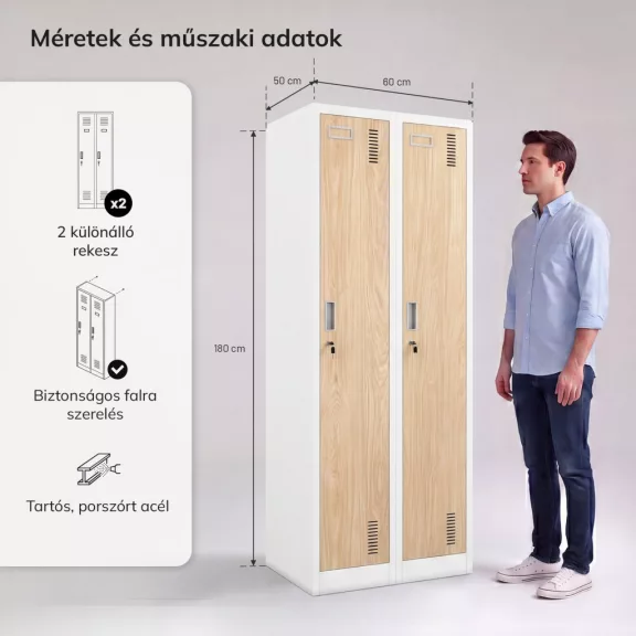 JAN NOWAK KACPER II fehér–sonoma tölgy kétrekeszes dolgozói öltözőszekrény