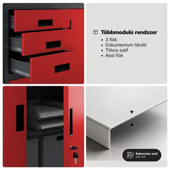 Jan Nowak® | 2286 FILIP II széfes irodai fémszekrény antracit/piros, 900 × 1850 × 400 mm