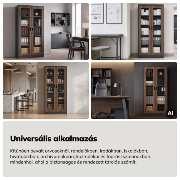 Fém szekrény vitrinnel antracit / dió: Eco dizájn AMELIA, 900 x 1850 x 400 mm