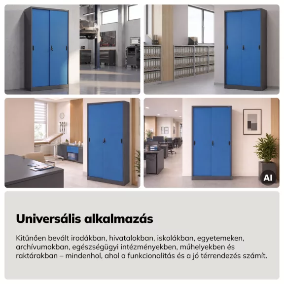Jan Nowak® | 2293 KUBA tolóajtós irodai fémszekrény antracit/kék, 900 × 1850 × 400 mm
