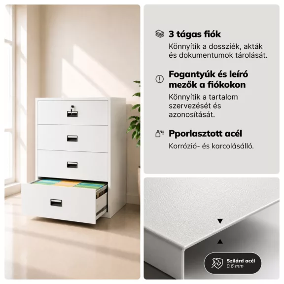 Jan Nowak® | 2296 SARA XL V4 4 fiókos iratszekrény fehér, 900 × 1320 × 600 mm
