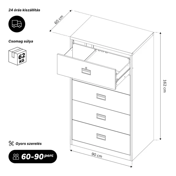 Jan Nowak® | 2297 SARA XL V5 5 fiókos iratszekrény fehér, 900 × 1620 × 600 mm