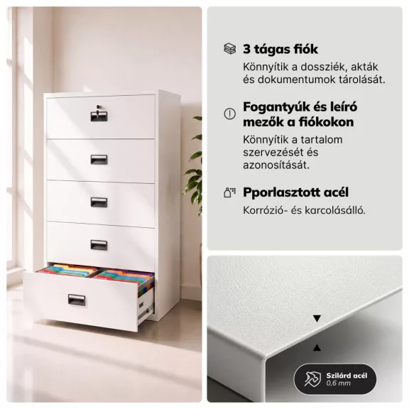 Jan Nowak® | 2297 SARA XL V5 5 fiókos iratszekrény fehér, 900 × 1620 × 600 mm