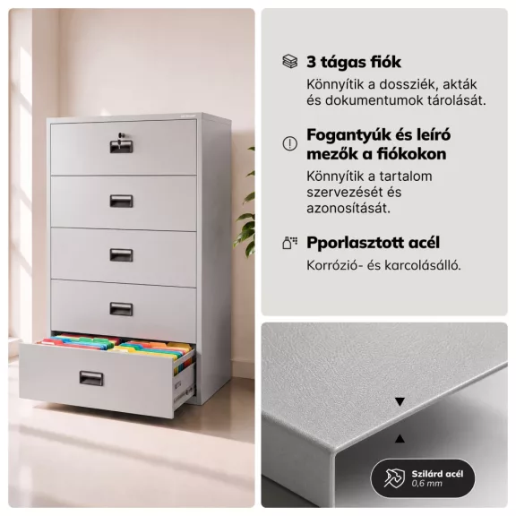Jan Nowak® | 2300 SARA XL V5 5 fiókos fém iratszekrény, szürke