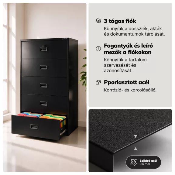 Jan Nowak® | 2306 SARA XL V5 5 fiókos iratszekrény fekete, 900 × 1620 × 600 mm