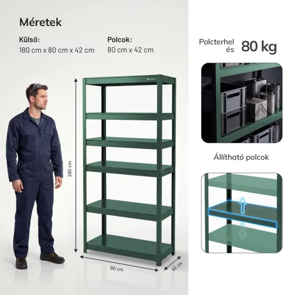 Jan Nowak® JOHNNY széles fém műhelypolc, Zöld, 1800 × 800 × 420 mm Jan Nowak® JOHNNY széles fém műhelypolc, Zöld, 1800 × 800 × 420 mm