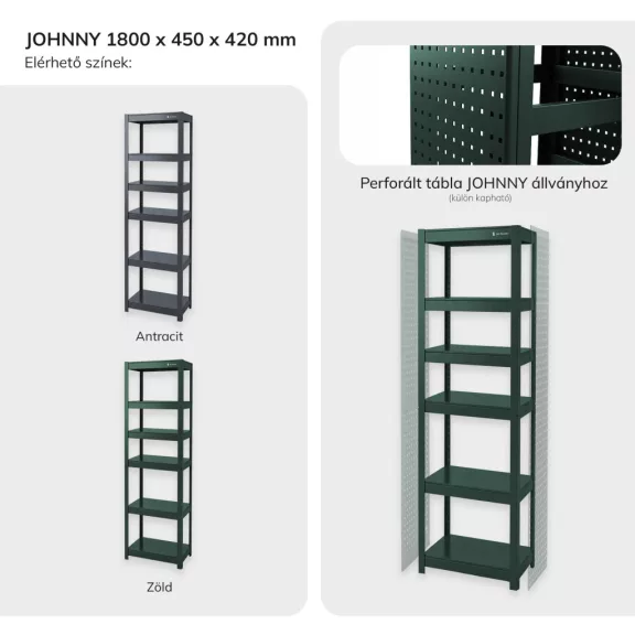 Jan Nowak® JOHNNY keskeny fém műhelypolc, Zöld, 1800 × 450 × 420 mm