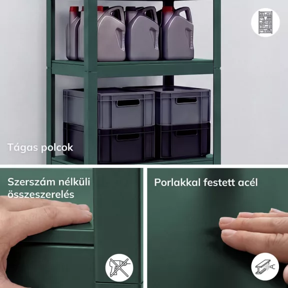 Jan Nowak® JOHNNY keskeny fém műhelypolc, Zöld, 1800 × 450 × 420 mm