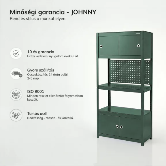 Jan Nowak® JOHNNY fém műhelypolc 2 szekrénnyel, Zöld, 1800 × 800 × 420 mm