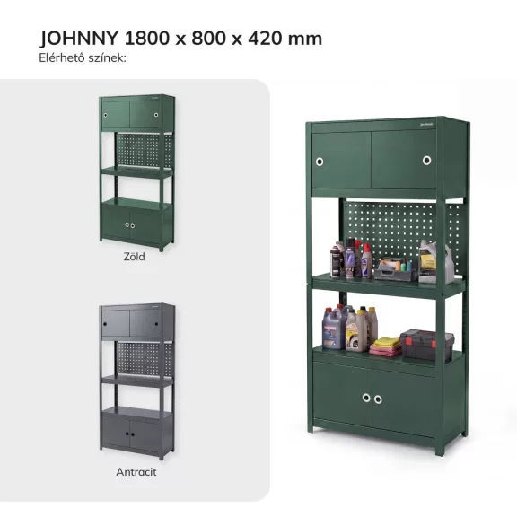 Jan Nowak® JOHNNY fém műhelypolc 2 szekrénnyel, Zöld, 1800 × 800 × 420 mm