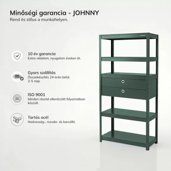 Fém polc fiókokkal zöld: JOHNNY, 1800 x 800 x 420 mm