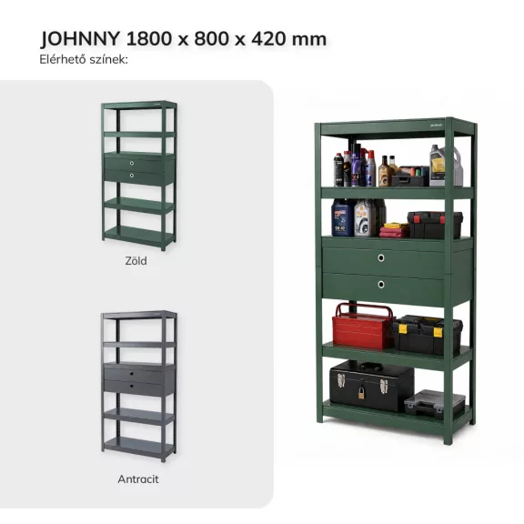 Fém polc fiókokkal zöld: JOHNNY, 1800 x 800 x 420 mm
