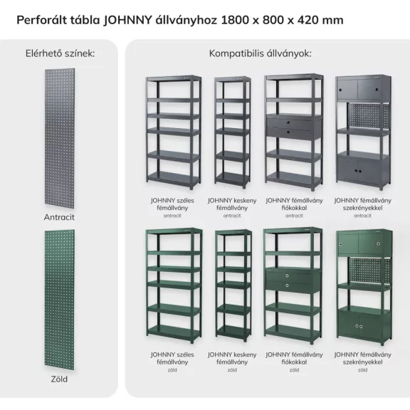 Jan Nowak® JOHNNY perforált oldalpanelek polchoz, 2 db, Zöld, 1800 × 20 × 420 mm