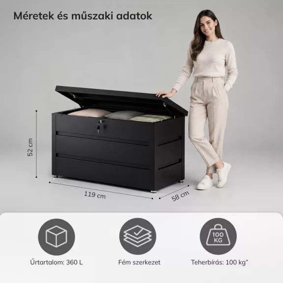 Jan Nowak® CARRIE fém kerti tárolóláda 360 l, Fekete, 1190 × 520 × 587 mm Jan Nowak® CARRIE fém kerti tárolóláda 360 l, Fekete, 1190 × 520 × 587 mm