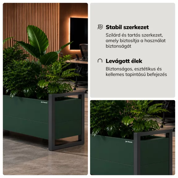 Alacsony fém virágcserép-burkolat, üvegzöld-antracit, 1000x430x380 mm: MARGARET
